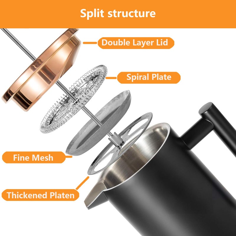 Meelio Black French Press Stainless Steel 34oz, Double Wall Insulated Coffee Press 1L for travel camping with 2 Extra Filter Screens and 1 Coffee Spoonï¼ˆ8cup 1000mlï¼‰ - Image 3